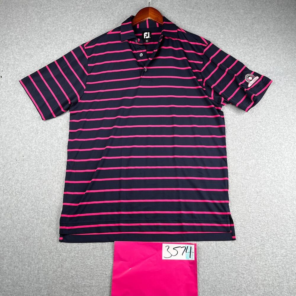 FootJoy Polo Shirt Medium Navy Blue Pink Striped Golf Ballen Isles Performance